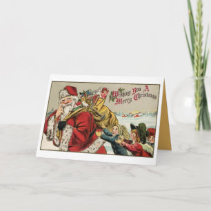 Tarjeta Festiva Papá Noel, bolsa de juguetes, niños