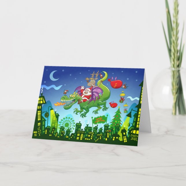 Tarjeta Festiva Papá Noel cambió su reno por un dragón (Anverso)