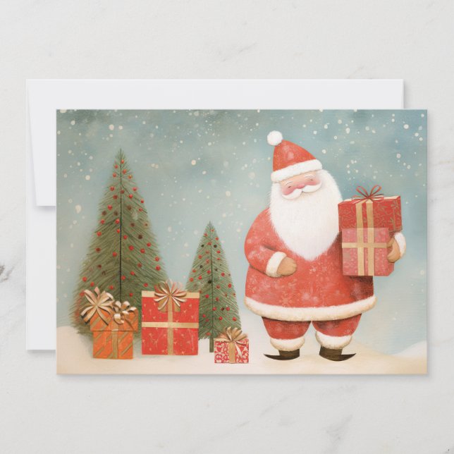 Tarjeta Festiva Papá Noel caprichoso con el árbol y los regalos de (Anverso)