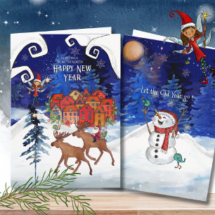 Tarjeta Festiva Papá Noel caprichoso nórdico en un alce Feliz Año