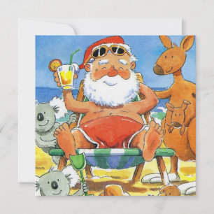 Tarjeta Festiva Papá Noel con amigos animales en la playa