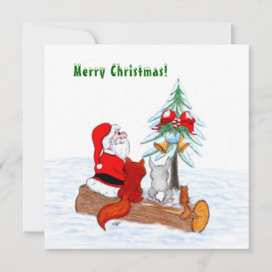 Tarjeta Festiva Papá Noel con conejo zorro y ardilla