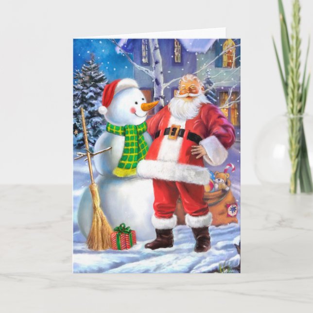 Tarjeta Festiva Papá Noel con el muñeco de nieve (Anverso)