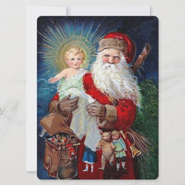 Tarjeta Festiva Papá Noel con el niño de Cristo (Anverso)