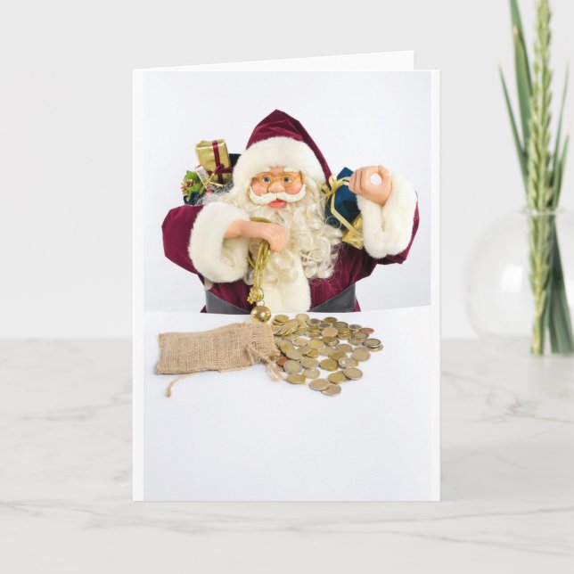Tarjeta Festiva Papá Noel con los regalos y las monedas del dinero (Anverso)