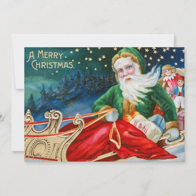 Tarjeta Festiva Papá Noel de época en Sleigh Merry Christmas (Anverso)