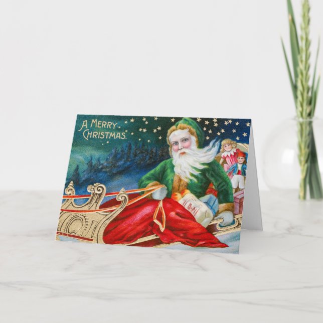 Tarjeta Festiva Papá Noel de época en Sleigh Merry Christmas (Anverso)