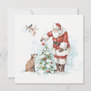 Tarjeta Festiva Papá Noel decorando un árbol con sus amigos del bo