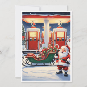 Tarjeta Festiva Papá Noel divertido y gracioso en una gasolinera