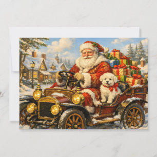 Tarjeta Festiva Papá Noel en coche antiguo repartiendo regalos