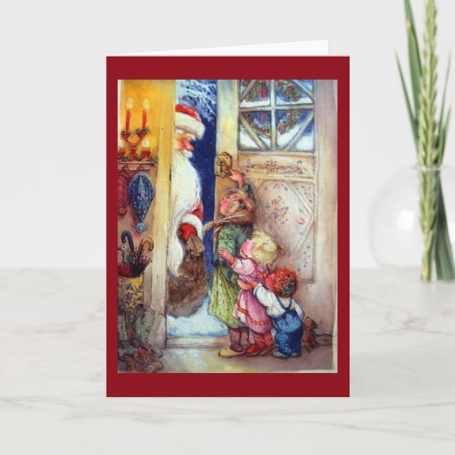 Tarjeta Festiva Papá Noel En La Puerta (Anverso)