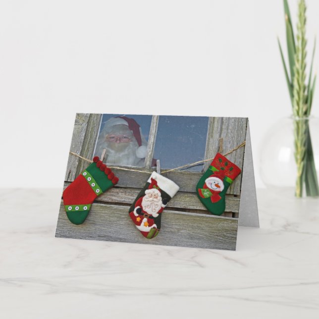 Tarjeta Festiva Papá Noel en la ventana del granero (Anverso)