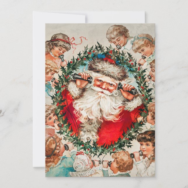 Tarjeta Festiva Papá Noel en los teléfonos de cuerdas escuchando a (Anverso)