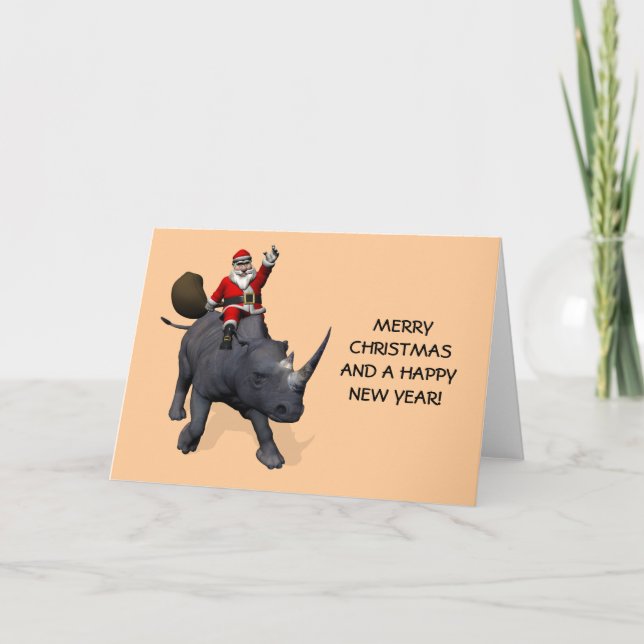 Tarjeta Festiva Papá Noel en rinoceronte del rinoceronte (Anverso)
