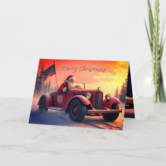 Tarjeta Festiva Papá Noel en un coche de carreras