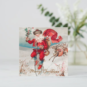 Tarjeta Festiva Papá Noel en una bicicleta penny farthing con reno