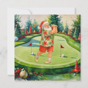 Tarjeta Festiva Papá Noel está jugando golf en el green de putting