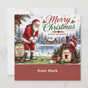 Tarjeta Festiva Papá Noel golfista jugando golf en Minnesota en ve