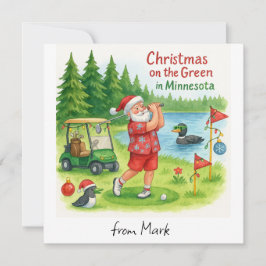Tarjeta Festiva Papá Noel golfista jugando golf en vista al lago M