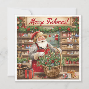 Tarjeta Festiva Papá Noel haciendo canasta de regalos es Tienda de