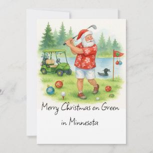 Tarjeta Festiva Papá Noel jugando golf en Minnesota Fiesta Navideñ