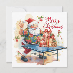 Tarjeta Festiva Papá Noel jugando ping pong con una camisa hawaian