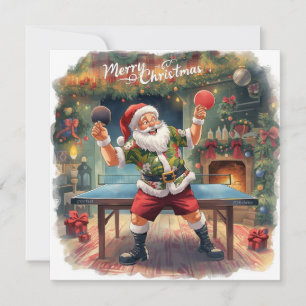 Tarjeta Festiva Papá Noel jugando ping pong con una camisa hawaian