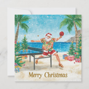 Tarjeta Festiva Papá Noel jugando ping pong con una camisa hawaian