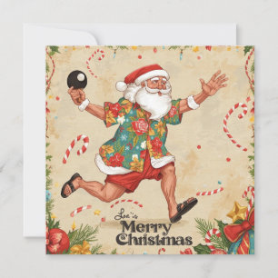 Tarjeta Festiva Papá Noel jugando ping pong con una camisa hawaian