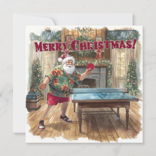 Tarjeta Festiva Papá Noel jugando ping pong con una camisa hawaian