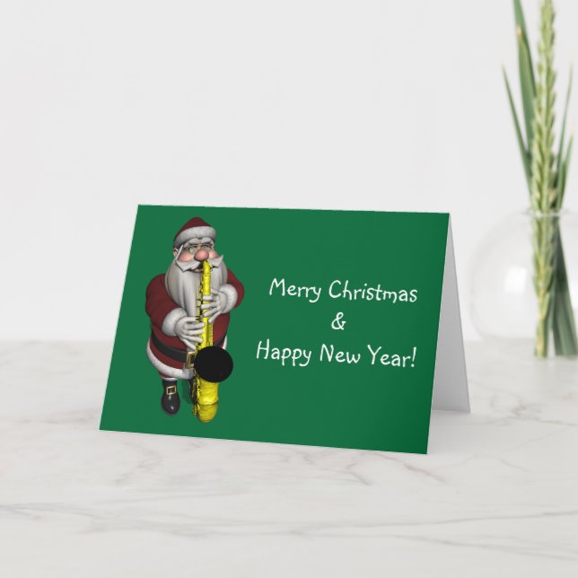 Tarjeta Festiva Papá Noel jugando saxofón (Anverso)