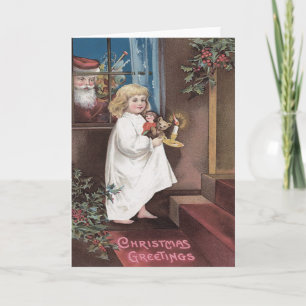 Tarjeta Festiva Papá Noel Juguetes Niña Pequeña Bonita Acebo