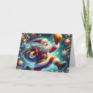 Tarjeta Festiva Papá Noel lanzando baloncesto