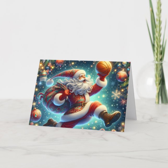 Tarjeta Festiva Papá Noel lanzando baloncesto (Anverso)