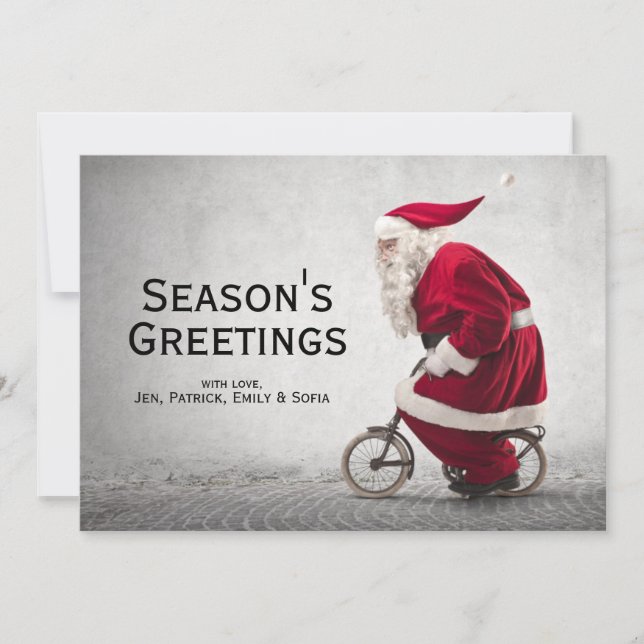 Tarjeta Festiva Papá Noel monta una bicicleta (Anverso)