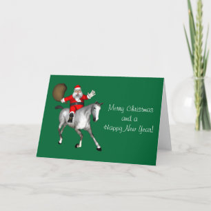 Tarjeta Festiva Papá Noel montando un caballo gris