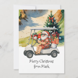 Tarjeta Festiva Papá Noel montando un carrito de golf Fiesta de Na