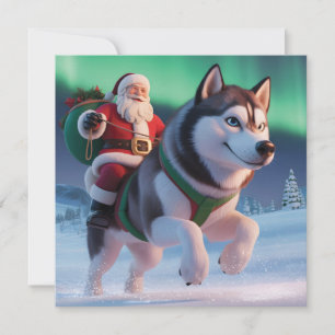Tarjeta Festiva Papá Noel montando un husky gigante a través de la