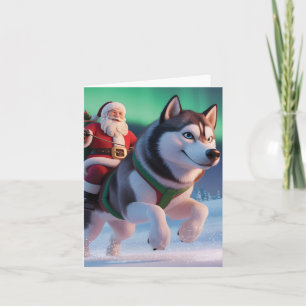 Tarjeta Festiva Papá Noel montando un husky gigante a través de la