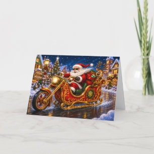 Tarjeta Festiva Papá Noel Motero Divertido en Moto Navideña