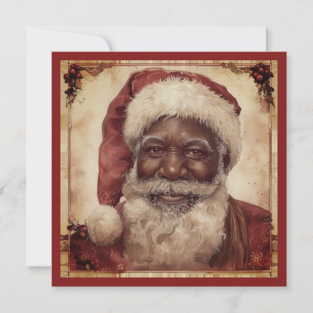 Tarjeta Festiva Papá Noel Negro Santa de Barba Blanca Sombrero Ant (Anverso)