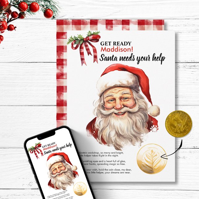 Tarjeta Festiva Papá Noel Personalizado Necesita Tu Ayuda Deseo Má (Personalized Santa Needs Your Help Red Magic Wish  Holiday Card Christmas magic gingham vintage gift)