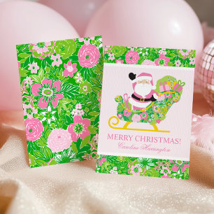 Tarjeta Festiva Papá Noel Preppy de Palm Beach Rosa y Verde