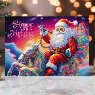 Tarjeta Festiva Papá Noel psicodélico en caballo arcoíris