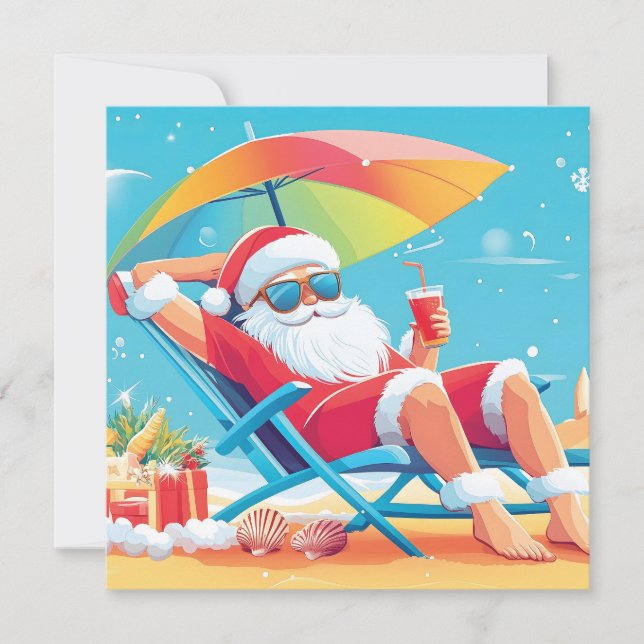Tarjeta Festiva Papá Noel relajándose en una tumbona de playa trop (Anverso)