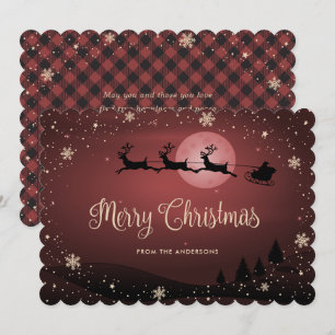 Tarjeta Festiva Papá Noel Reno Coche de Plaid Rojo Copo de Nieve