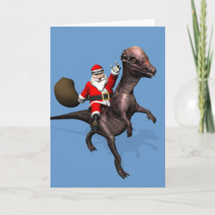 Tarjeta Festiva Papá Noel Viajando En Dinosaurio