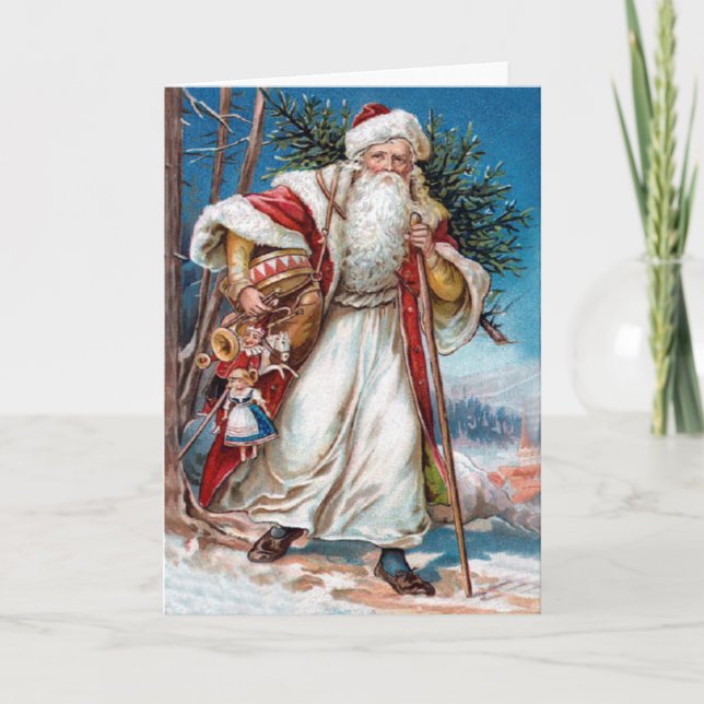 Tarjeta Festiva Papá Noel victoriano en terciopelo rojo y piel bla (Anverso)