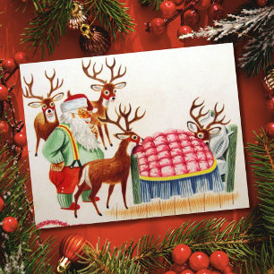 Tarjeta Festiva Papá Noel Vintage con reno enfermo