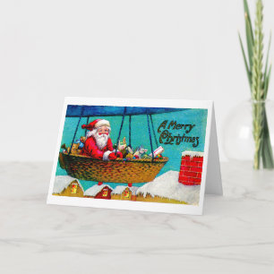 Tarjeta Festiva Papá Noel vintage en un barco aéreo